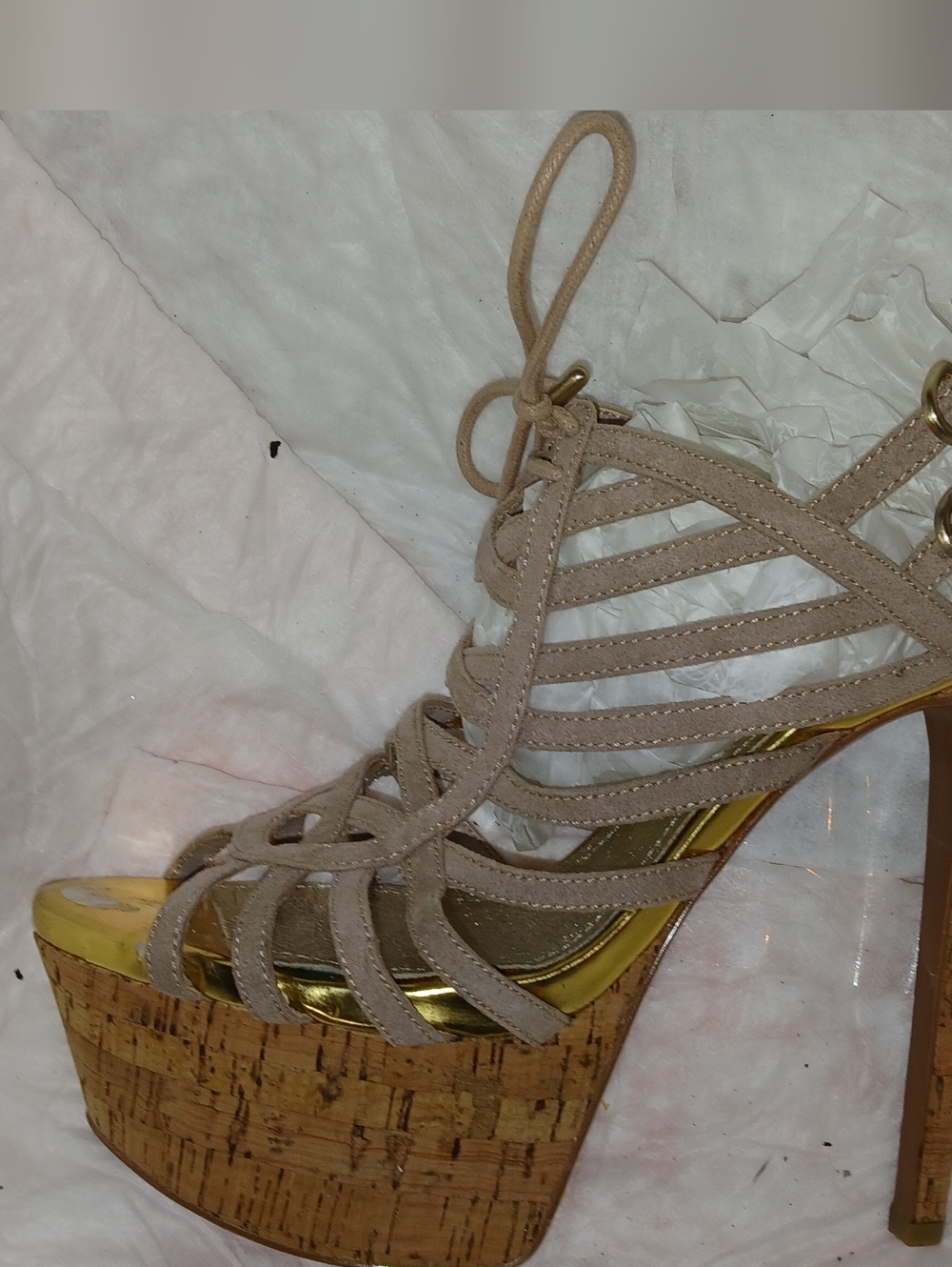 Angelica Beige Lace-Up Cork Platform Heels with Gold Trim
